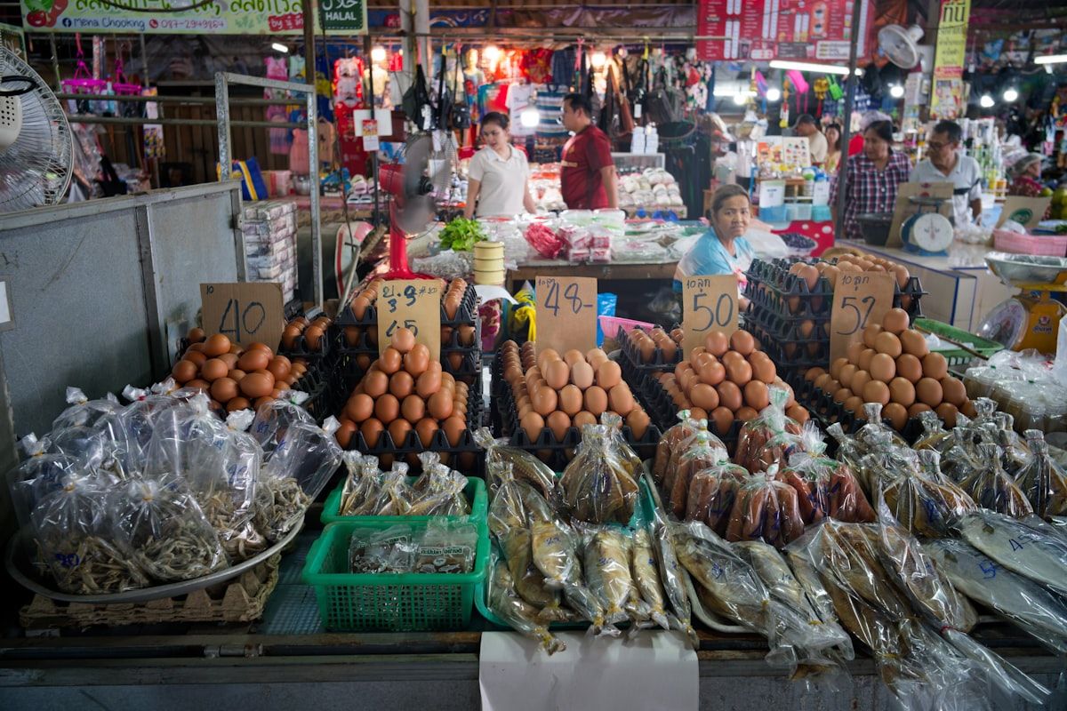 Fresh Thai food at a Phuket market, showing lean high-protein local options
